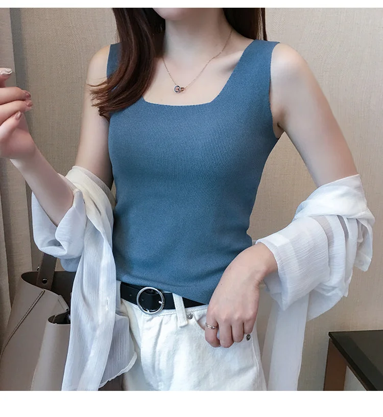 Outzidr Blue Square Neck Wide Strapped Tank Top